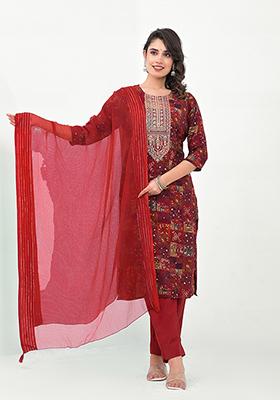 Maroon Abstract Print Cotton Kurta Set