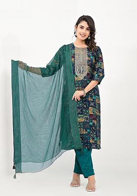 Green Abstract Print Cotton Kurta Set