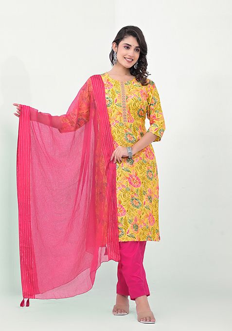 Yellow Abstract Print Cotton Kurta Set