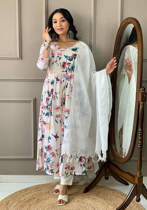 White Floral Print Cotton Kurta Set