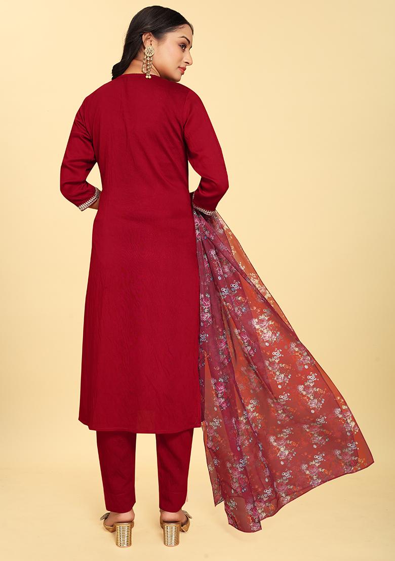 Red Abstract Print Silk Kurta Set