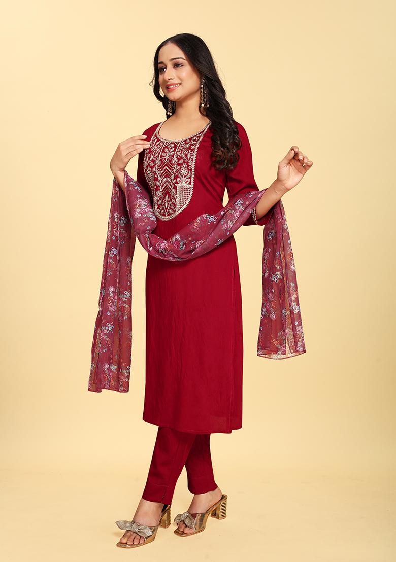 Red Abstract Print Silk Kurta Set