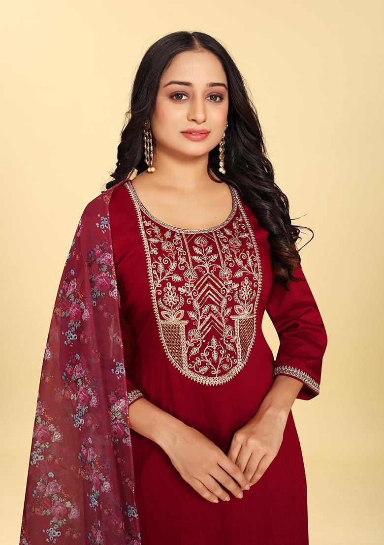 Red Abstract Print Silk Kurta Set