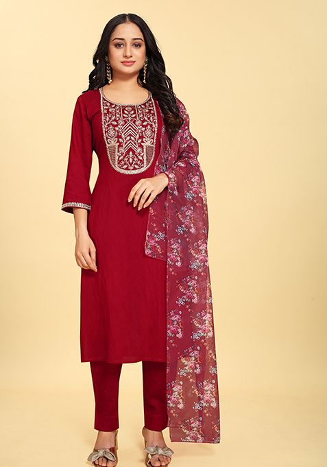 Red Abstract Print Silk Kurta Set