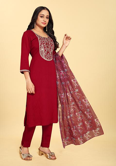 Red Abstract Print Silk Kurta Set