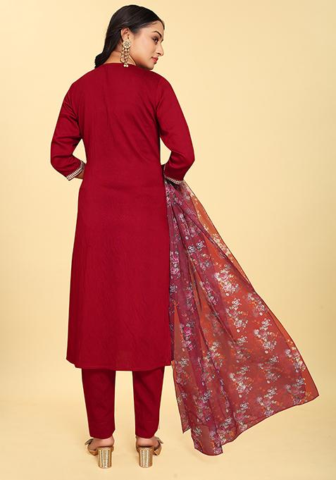 Red Abstract Print Silk Kurta Set