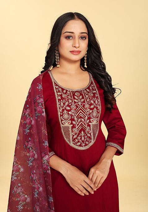 Red Abstract Print Silk Kurta Set