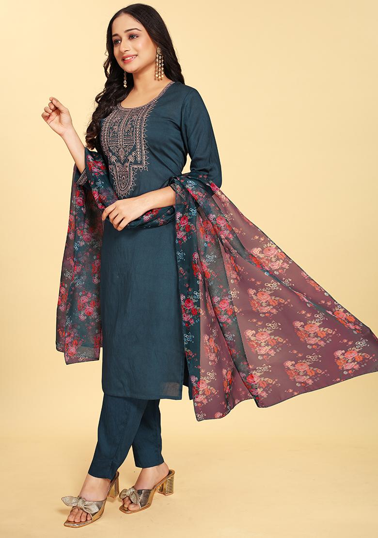 Blue Abstract Print Silk Kurta Set