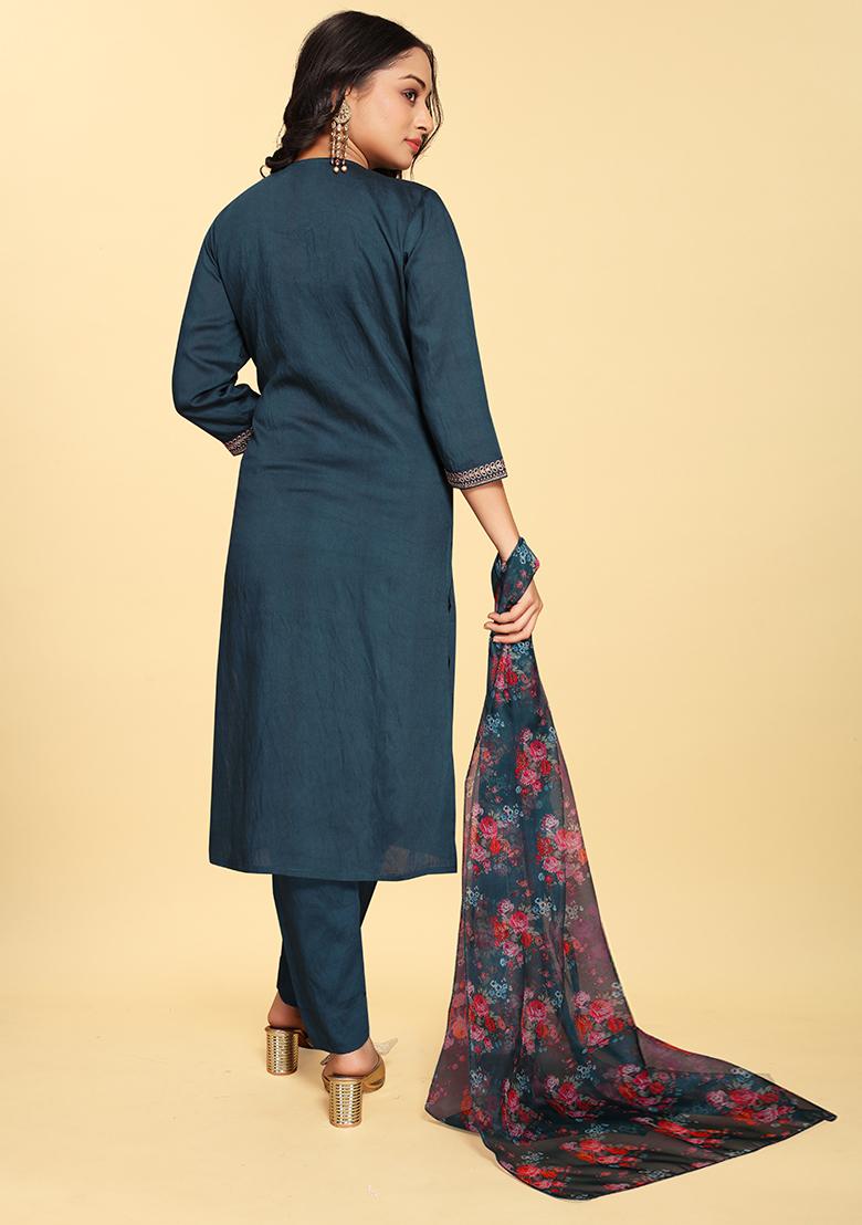 Blue Abstract Print Silk Kurta Set