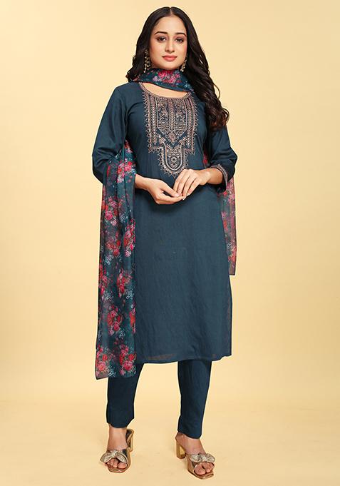 Blue Abstract Print Silk Kurta Set