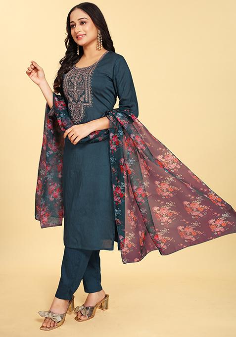 Blue Abstract Print Silk Kurta Set