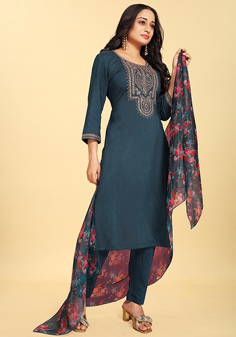 Blue Abstract Print Silk Kurta Set