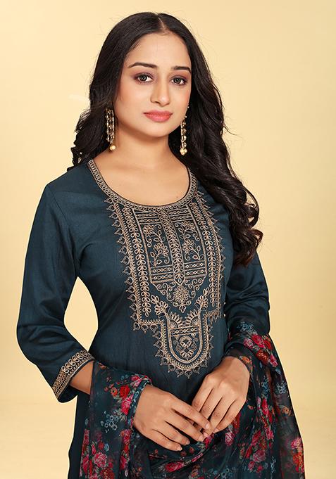 Blue Abstract Print Silk Kurta Set