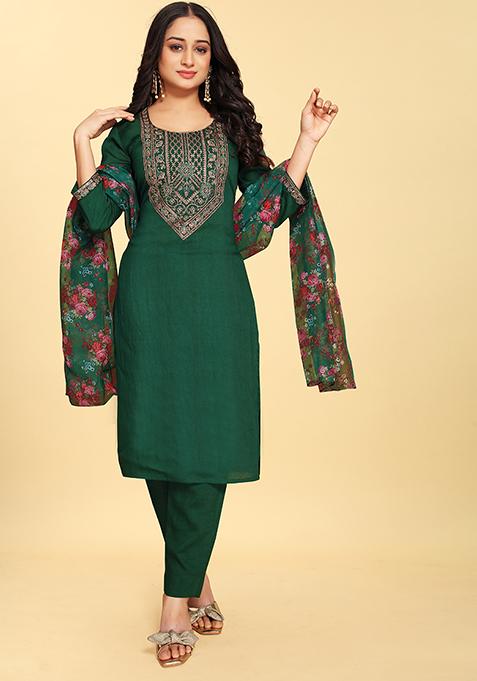 Green Abstract Print Silk Kurta Set