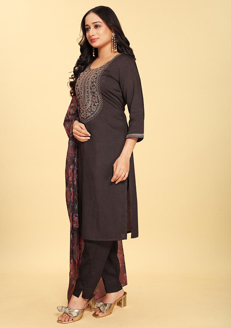 Black Abstract Print Silk Kurta Set