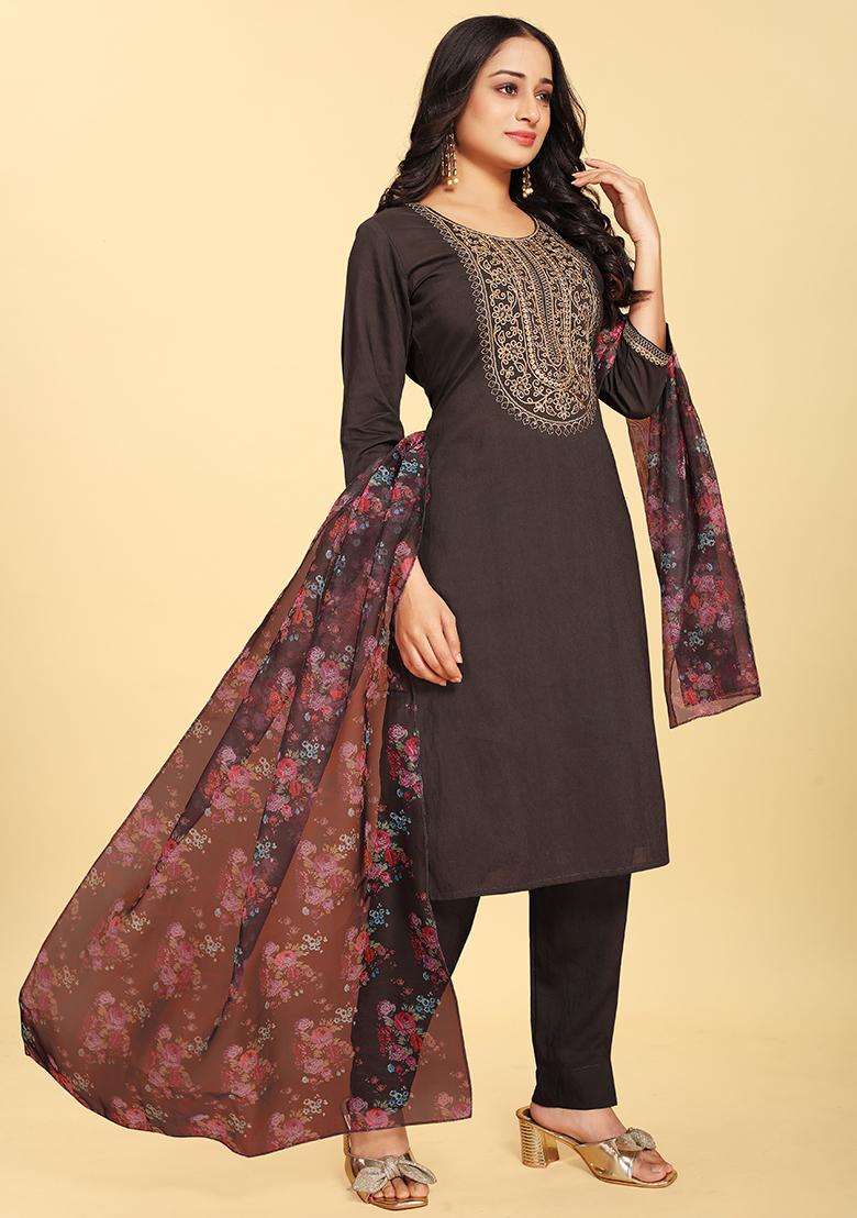 Black Abstract Print Silk Kurta Set