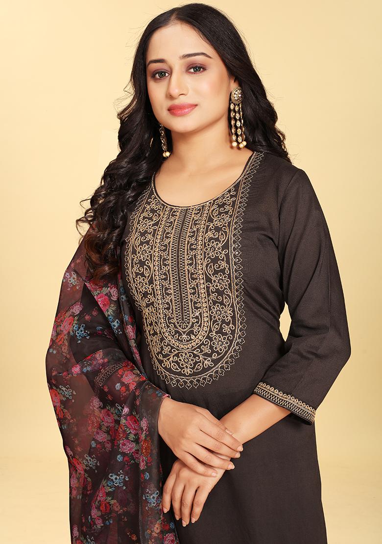 Black Abstract Print Silk Kurta Set
