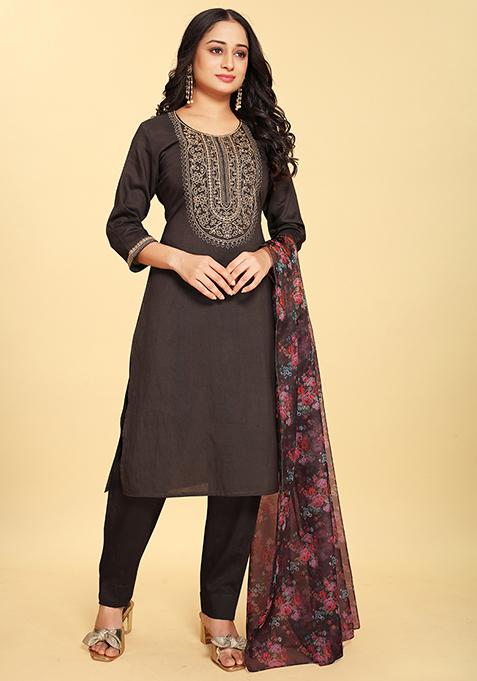 Black Abstract Print Silk Kurta Set