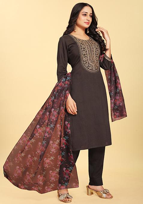Black Abstract Print Silk Kurta Set