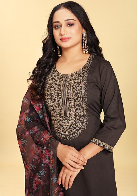 Black Abstract Print Silk Kurta Set