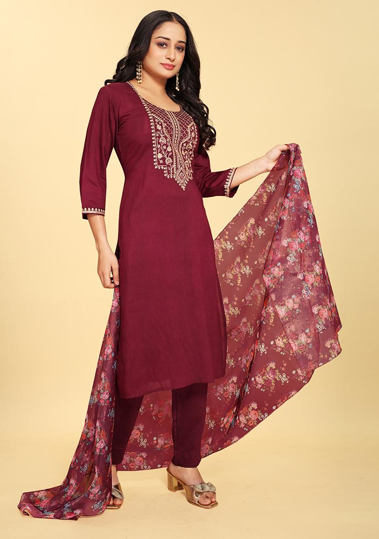 Wine Abstract Print Silk Kurta Set