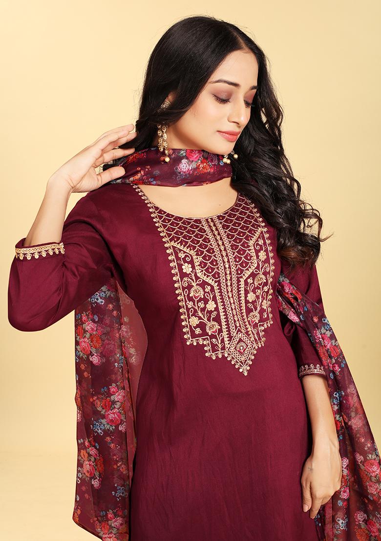 Wine Abstract Print Silk Kurta Set