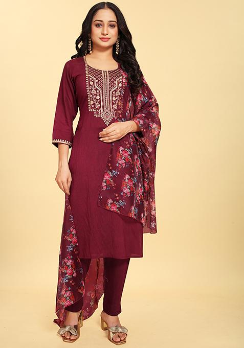 Wine Abstract Print Silk Kurta Set