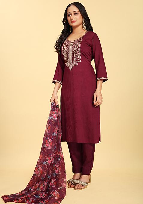 Wine Abstract Print Silk Kurta Set