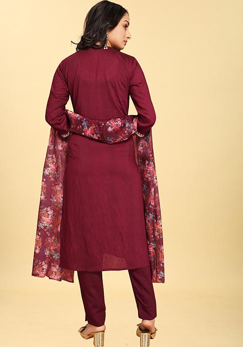 Wine Abstract Print Silk Kurta Set