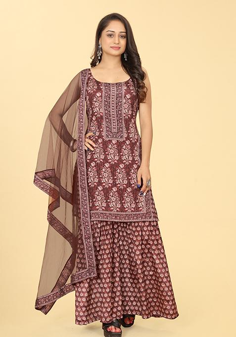 Brown Abstract Print Viscose Kurta Set