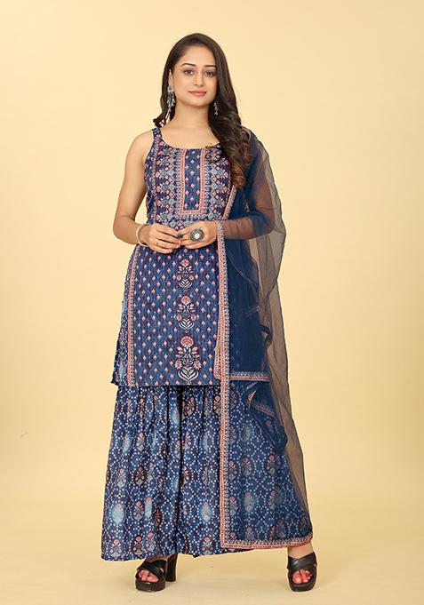 Blue Abstract Print Viscose Kurta Set