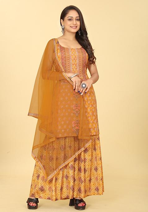 Mustard Abstract Print Viscose Kurta Set