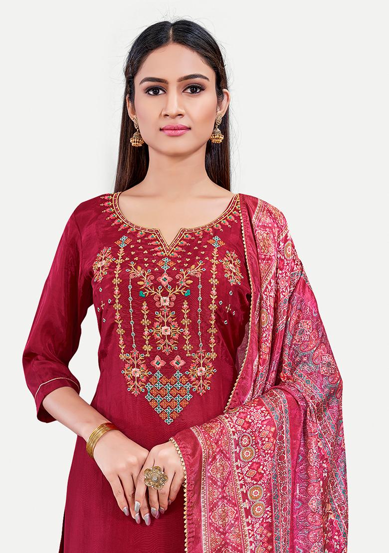Maroon Resham Embroidered Silk Kurta Set - Indya