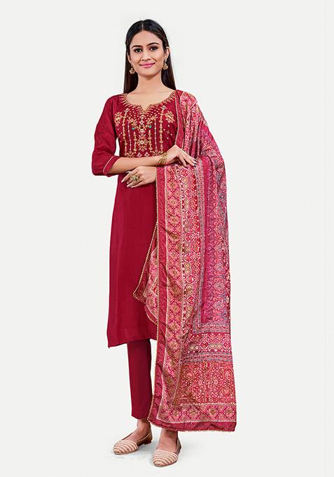 Maroon Resham Embroidered Silk Kurta Set