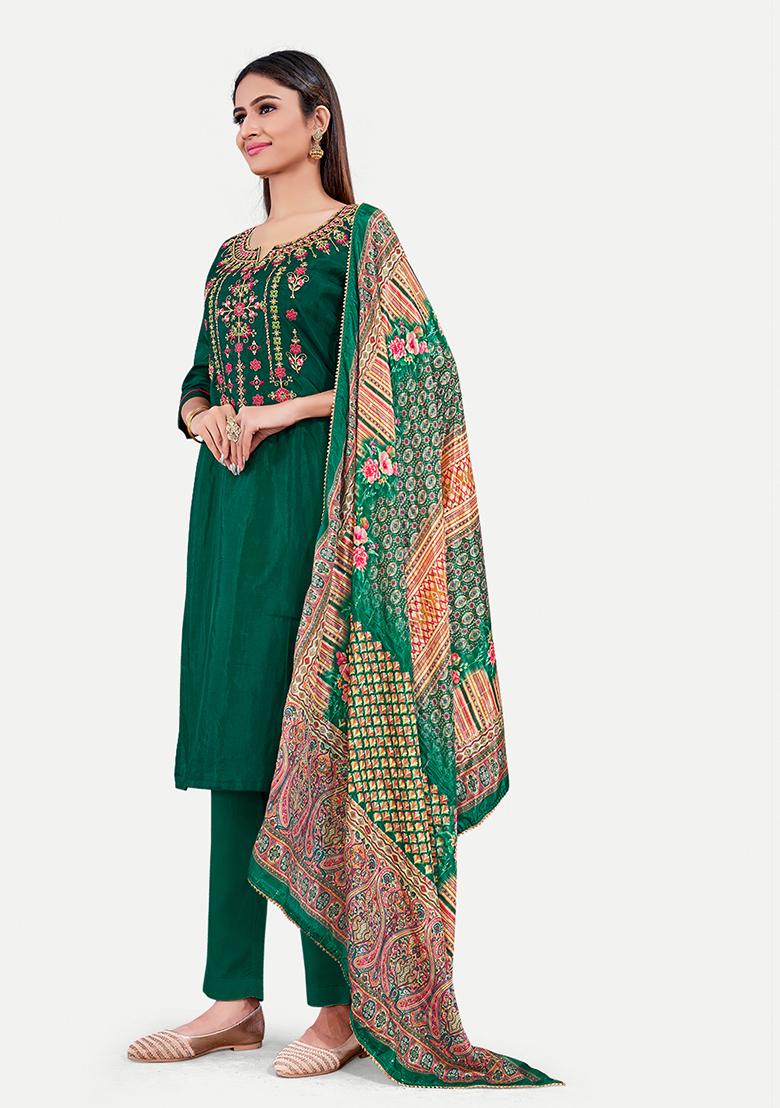 Green Resham Embroidered Silk Kurta Set