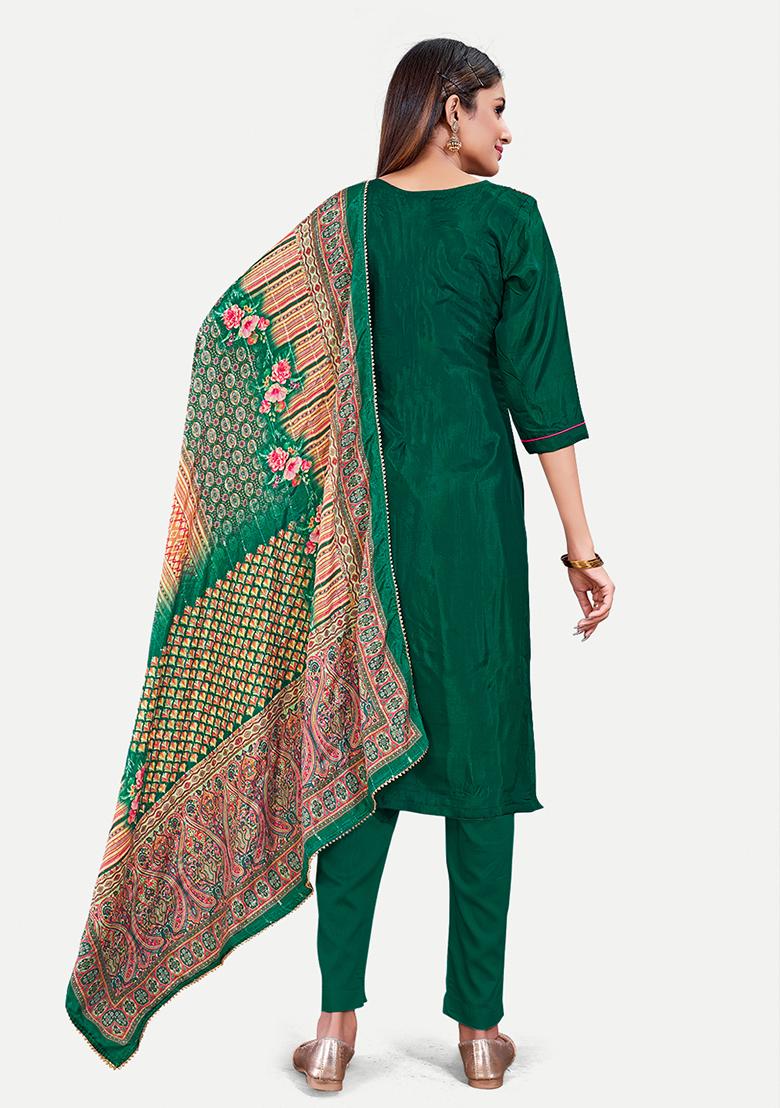 Green Resham Embroidered Silk Kurta Set