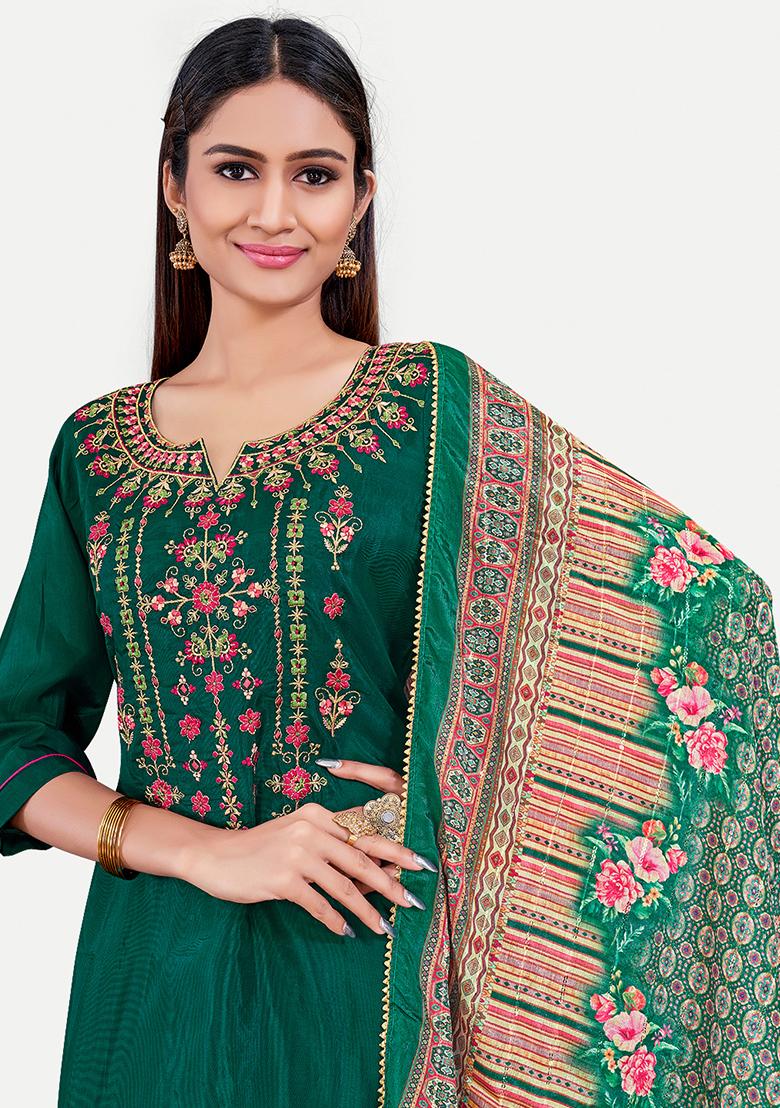 Green Resham Embroidered Silk Kurta Set