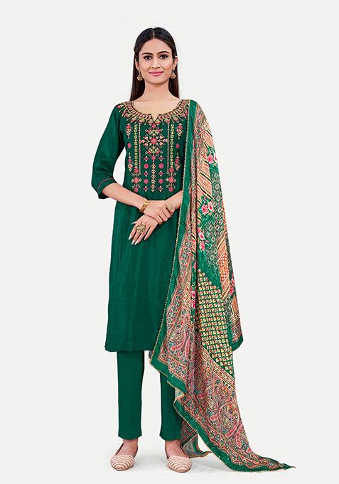 Green Resham Embroidered Silk Kurta Set