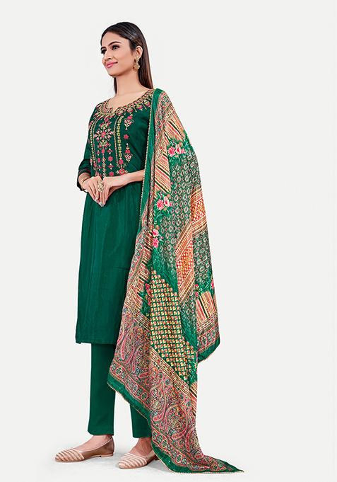 Green Resham Embroidered Silk Kurta Set