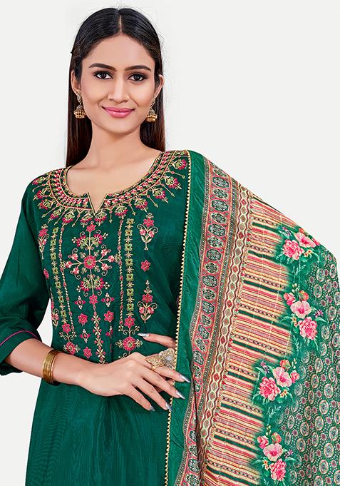 Green Resham Embroidered Silk Kurta Set