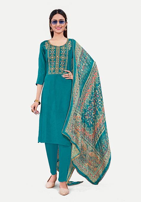 Teal Blue Resham Embroidered Silk Kurta Set