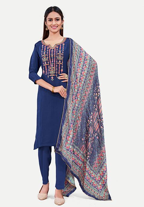 Navy Blue Resham Embroidered Silk Kurta Set