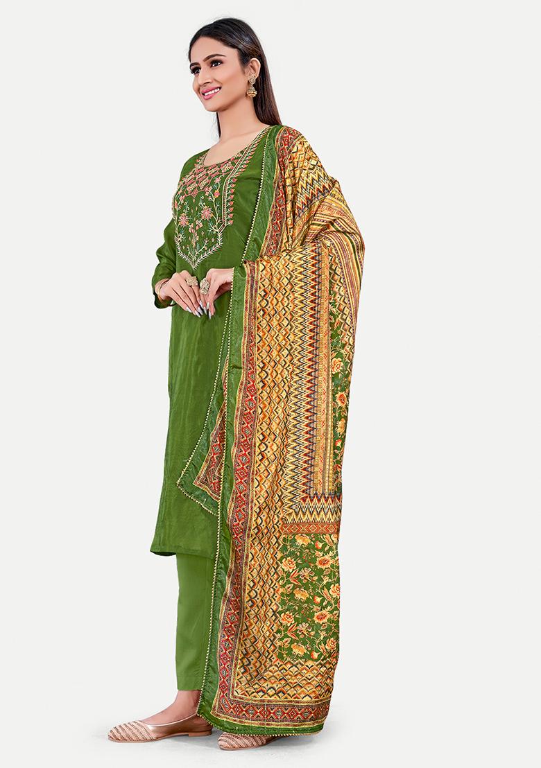 Green Resham Embroidered Silk Kurta Set