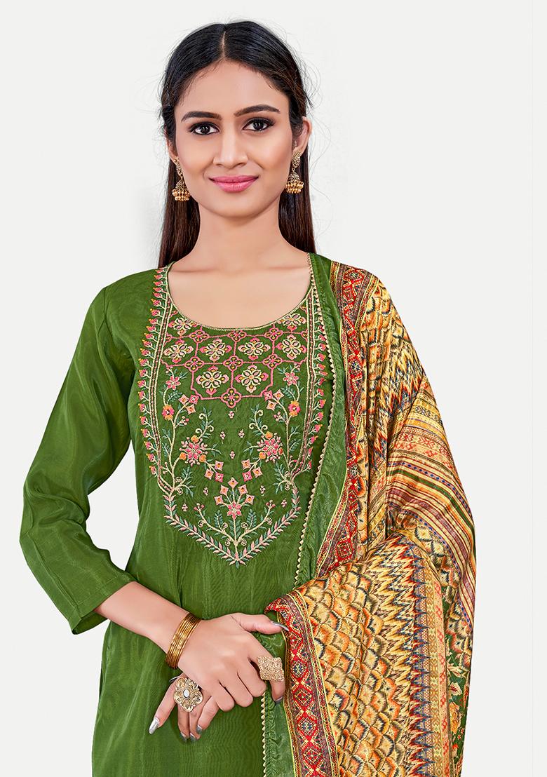 Green Resham Embroidered Silk Kurta Set