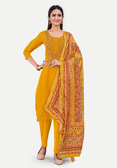 Mustard Resham Embroidered Silk Kurta Set