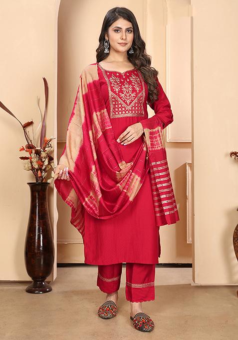 Red Resham Embroidered Silk Kurta Set