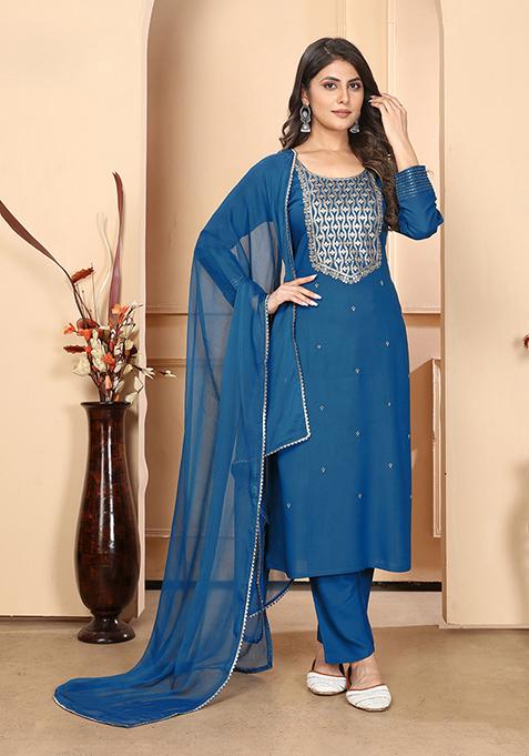 Blue Resham Embroidered Rayon Kurta Set