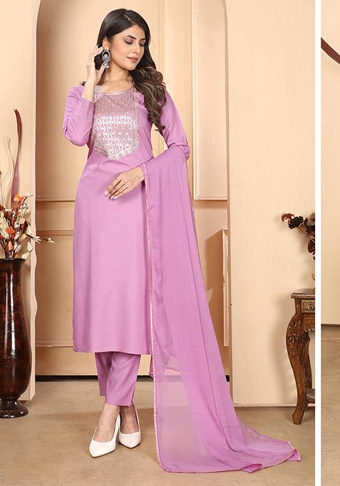 Purple Resham Embroidered Rayon Kurta Set