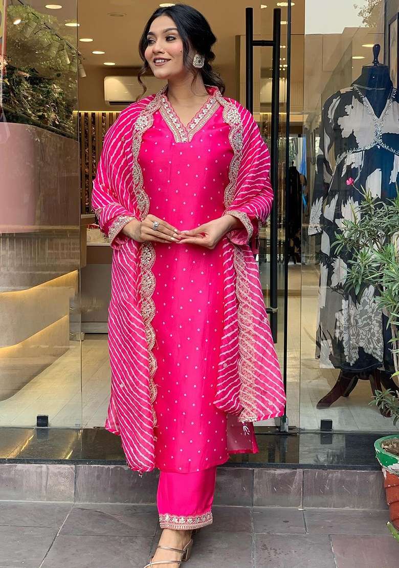 Pink Embroidered Chanderi Straight Kurta Set - Indya