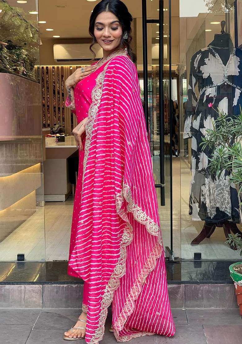 Pink Embroidered Chanderi Straight Kurta Set - Indya